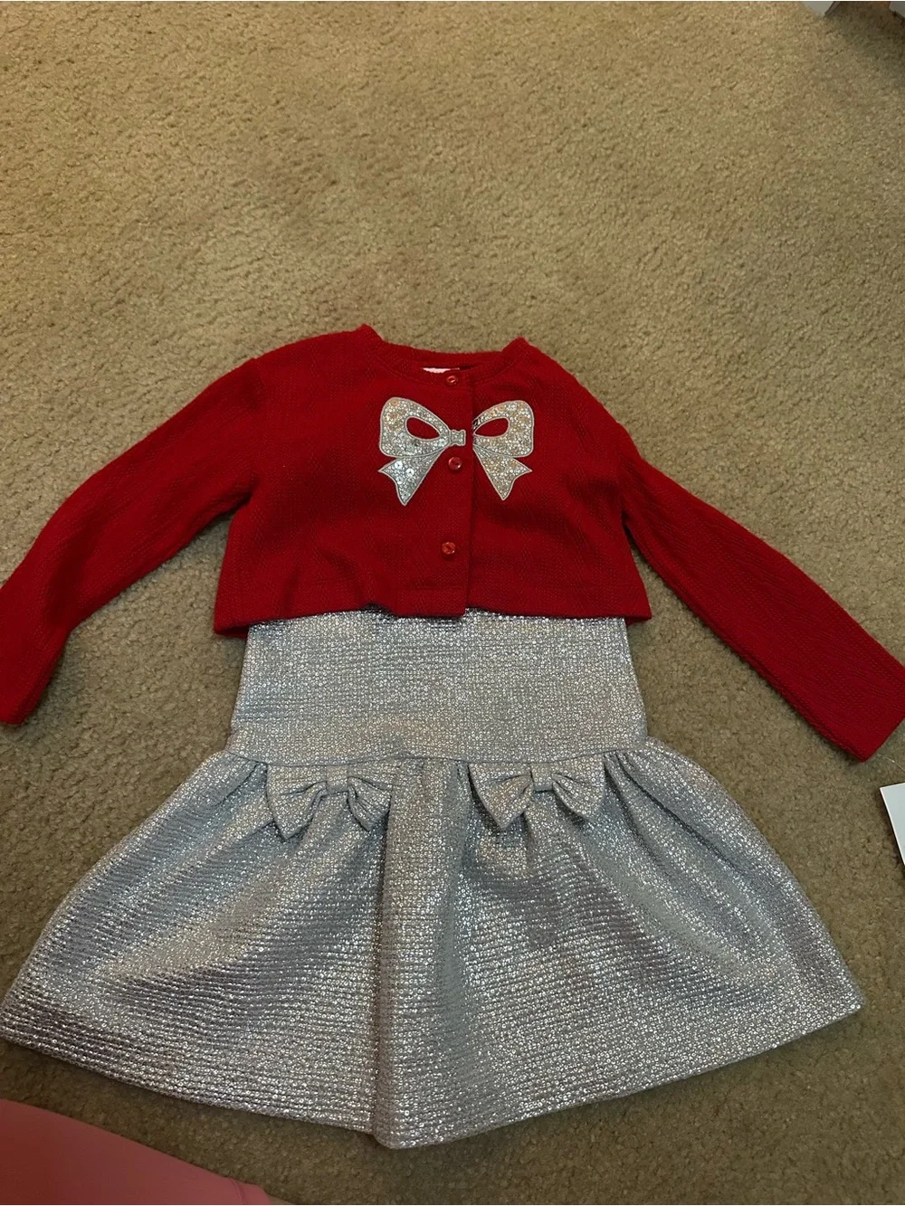 Bonnie Jean Girls 3T NWT Silver Dress Red Cardigan 2-Piece Holiday Outfit